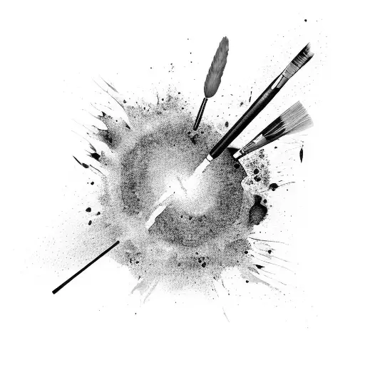 A swirling galaxy of paintbrushes and paint splatters tattoo design idea