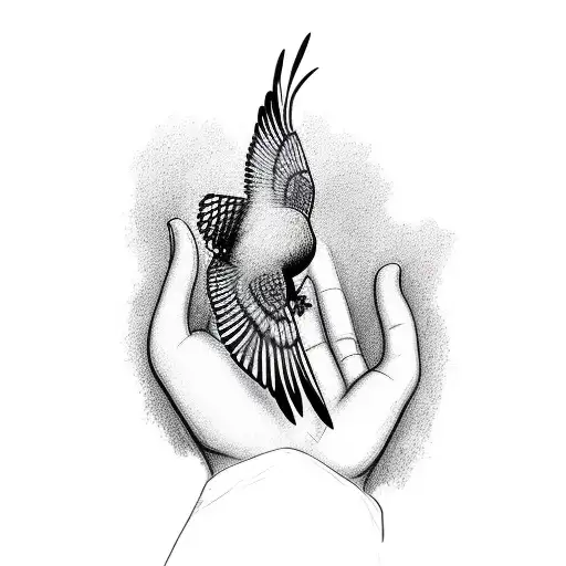 A compassionate hand reaching out to a colorful bird in flight tattoo design idea
