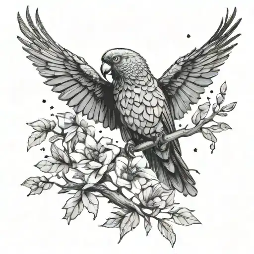 Make me a sleeve tattoo for men with a Pionus parrot and a crow sitting on a branch looking into the sky at the pleiades tattoo design idea