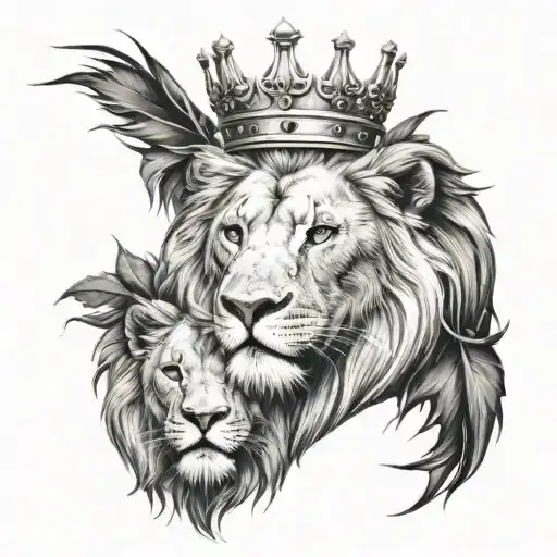 Whiite Lion with half crown of thorns and half crown  tattoo design idea