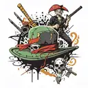 Straw hat pirate flag surrounded by zoro (three swords), sanji (flame), nami (weather like theme), chopper (antlers), br tattoo design idea