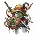 Straw hat pirate flag surrounded by zoro (three swords), sanji (flame), nami (weather like theme), chopper (antlers), br tattoo design idea