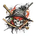 Straw hat pirate flag surrounded by zoro (three swords), sanji (flame), nami (weather like theme), chopper (antlers), br tattoo design idea