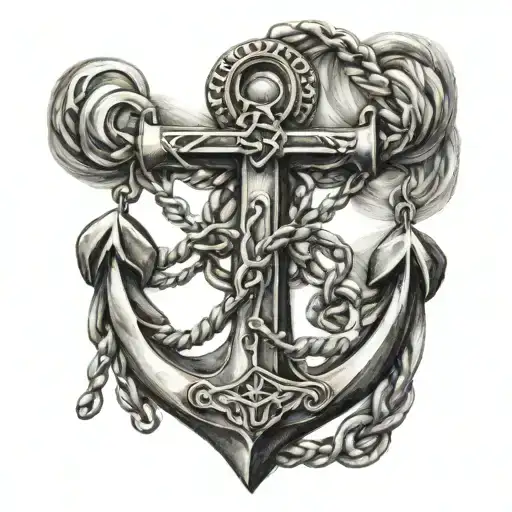anchor with cross and rosary beads intertwined within tattoo design idea