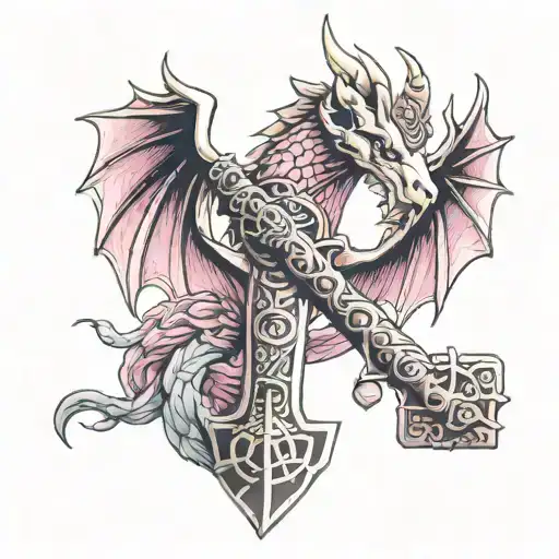 merlin saga, thors hammer, witchcraft, pink dragon, tattoo design idea