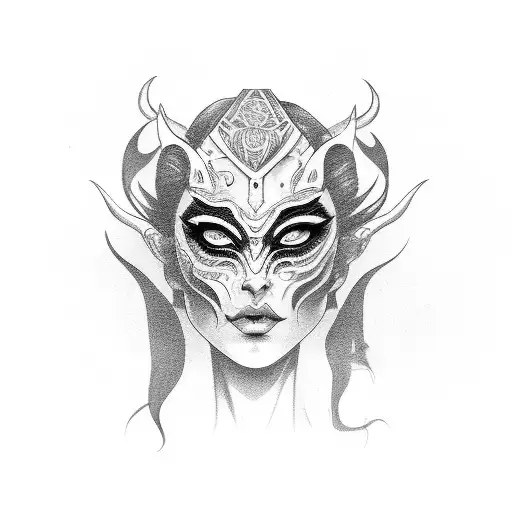 woman face with demon mask tattoo design idea