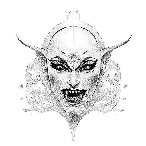 woman face holding a demon mask tattoo design idea