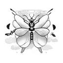 A whimsical scene of a ladybug, butterfly, and dragonfly flying around a sailboat tattoo design idea