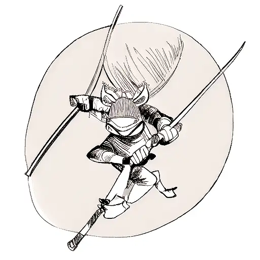 samurai frog jumping with katana in hand, generated image must be in cone shape, highly detailed, clean line art, b&w  tattoo design idea