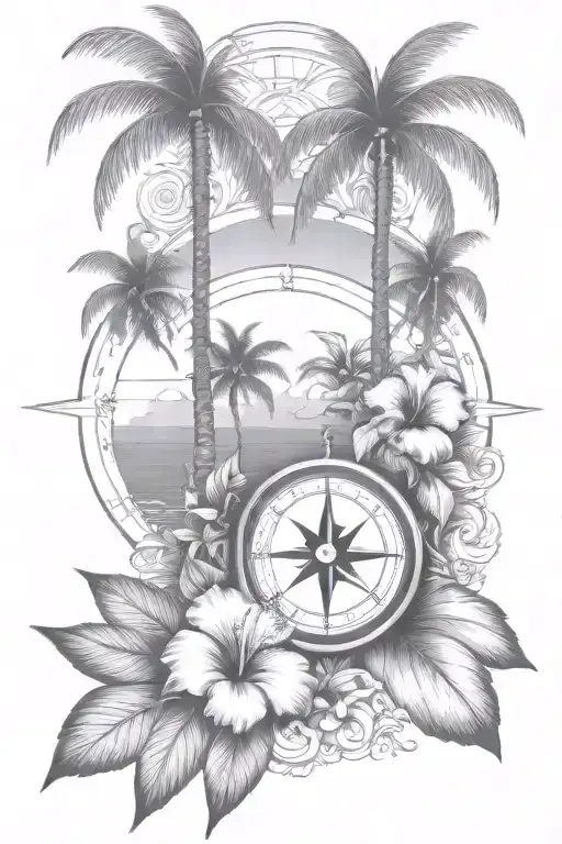 A tropical island scene with palm trees and hibiscus flowers, incorporating a compass rose to symbolize your love for travel and holidays tattoo design idea