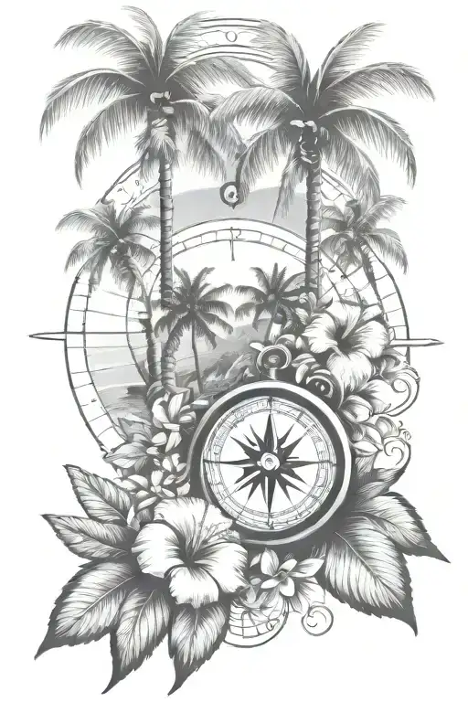 A tropical island scene with palm trees and hibiscus flowers, incorporating a compass rose to symbolize your love for travel and holidays tattoo design idea