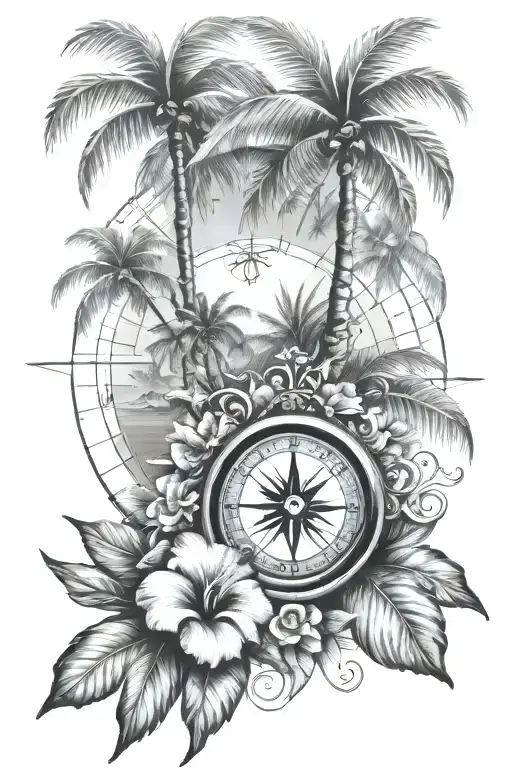 A tropical island scene with palm trees and hibiscus flowers, incorporating a compass rose to symbolize your love for travel and holidays tattoo design idea