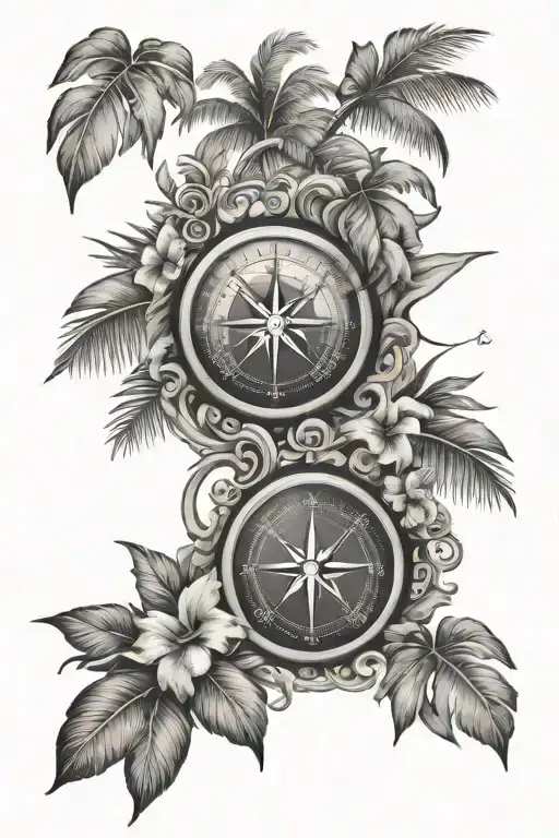 A tropical island scene with palm trees and hibiscus flowers, incorporating a compass rose to symbolize your love for travel and holidays tattoo design idea