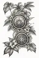 A tropical island scene with palm trees and hibiscus flowers, incorporating a compass rose to symbolize your love for travel and holidays tattoo design idea
