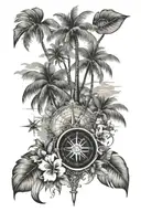 A tropical island scene with palm trees and hibiscus flowers, incorporating a compass rose to symbolize your love for travel and holidays tattoo design idea