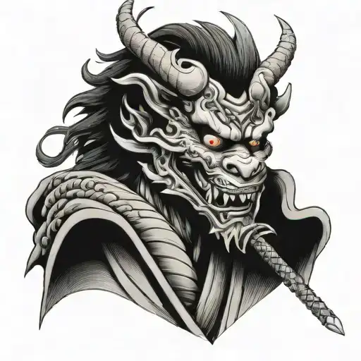 Japanese dragon wrapped around a samurai sword. The dragon ends up going through the mouth of an oni mask. tattoo design idea