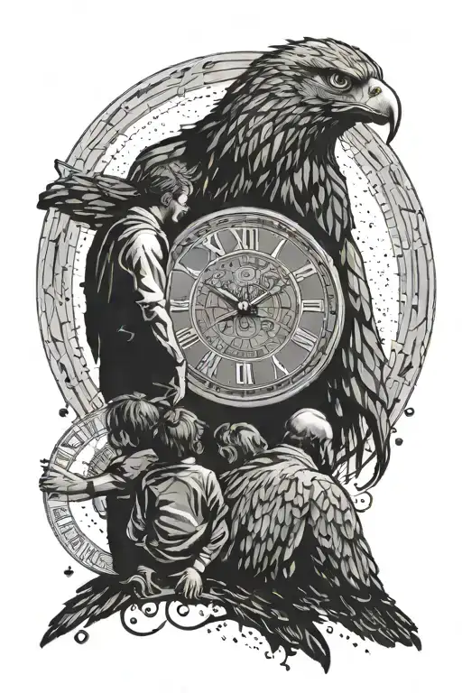 silhouette of father and children with their backs to them, above it a circular clock with Roman numerals and above it the head of an eagle tattoo design idea