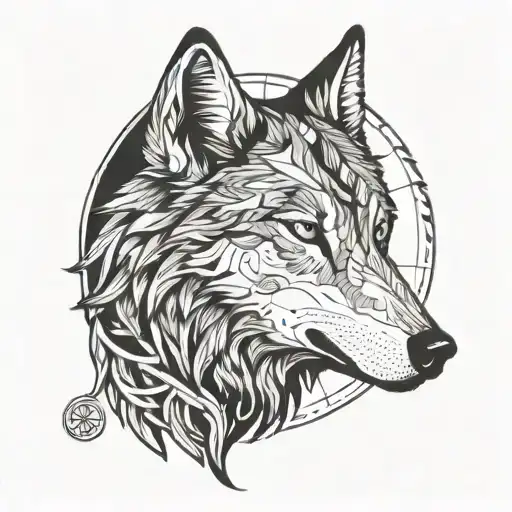  wolf head from side view, carvings in a circle around the wolf, compass outside the circle tattoo design idea