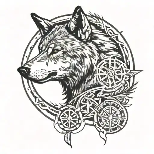  wolf head from side view, viking carvings in a circle around the wolf, compass arrowa outside the circle, blackwork  tattoo design idea