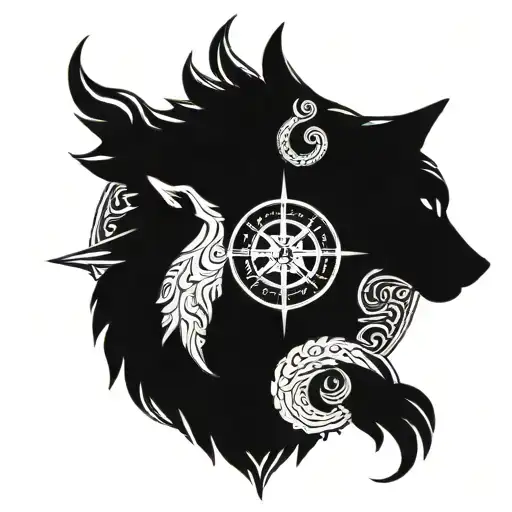  wolf head from side view, viking carvings in a circle around the wolf, inside of a compass tattoo design idea