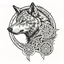  wolf head from side view, viking carvings in a circle around the wolf, compass arrowa outside the circle, blackwork  tattoo design idea