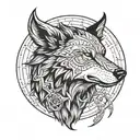  wolf head from side view, viking carvings in a circle around the wolf, compass arrowa outside the circle, blackwork  tattoo design idea