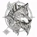  wolf head from side view, viking carvings in a circle around the wolf, compass arrowa outside the circle, blackwork  tattoo design idea