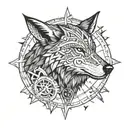  wolf head from side view, viking carvings in a circle around the wolf, compass arrowa outside the circle, blackwork  tattoo design idea