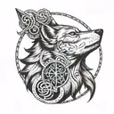wolf head from side view, viking carvings in a circle around the wolf, latvian gods, one god in each compass direction tattoo design idea