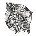 wolf head from side view, viking carvings in a circle around the wolf, latvian gods, one god in each compass direction tattoo design idea