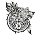 wolf head from side view, viking carvings in a circle around the wolf, latvian gods, one god in each compass direction tattoo design idea