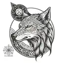wolf head from side view, viking carvings in a circle around the wolf, latvian gods, one god in each compass direction tattoo design idea