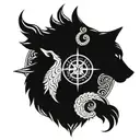  wolf head from side view, viking carvings in a circle around the wolf, inside of a compass tattoo design idea