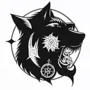 wolf head from side view, viking carvings in a circle around the wolf, inside of a compass tattoo design idea