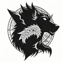  wolf head from side view, viking carvings in a circle around the wolf, inside of a compass tattoo design idea