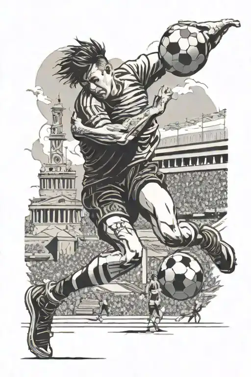 a young footballer passionately kissing the ball in a fanfilled stadium and the city's monuments overviewing the stadium tattoo design idea