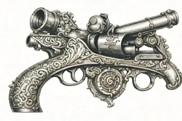 Late 18th century French flintlock pistol, positioned on the inside of the wrist, fired. Revolution tattoo design idea