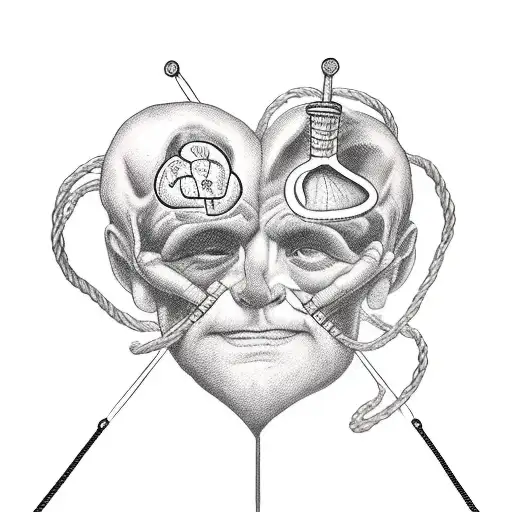 a tightrope walker on a rope holding a stick with a heart and a brain on each side tattoo design idea