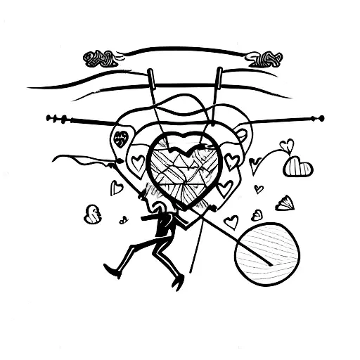 a tightrope walker on a rope holding a stick with a heart and a brain on each side tattoo design idea