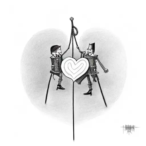 a tightrope walker on a rope holding a stick with a heart and a brain on each side tattoo design idea