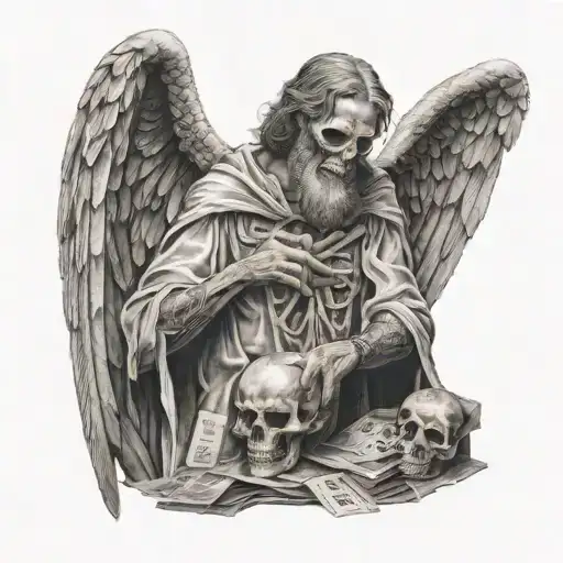 a man while dying holding angel and death tarot card  tattoo design idea