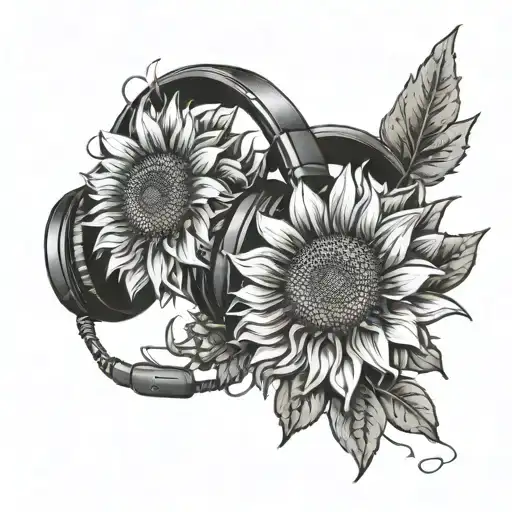 A sunflower with headphones wrapped around it, symbolizing the healing power of music after loss tattoo design idea