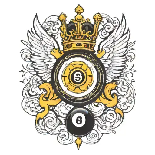 billiard 8 ball with a golden crown on top and white wings around it tattoo design idea