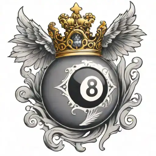 billiard 8 ball with a golden crown on top and white wings around it tattoo design idea