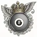 billiard 8 ball with a golden crown on top and white wings around it tattoo design idea