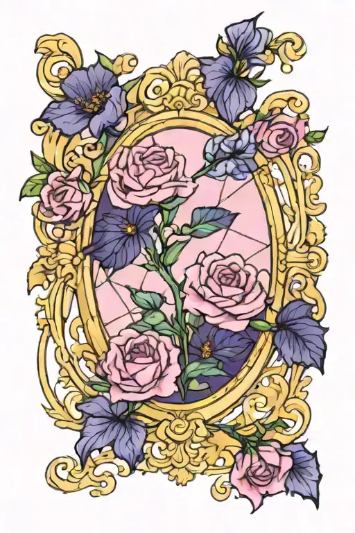 vintage delicate gold frame with abstract stained glass image from princess bride. include pink and purple flowers.  tattoo design idea