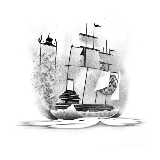 A fierce hockey player skating on a river of ice, with a pirate boat in the background tattoo design idea