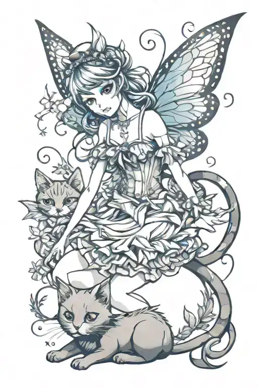 fairy and cat tattoo design idea