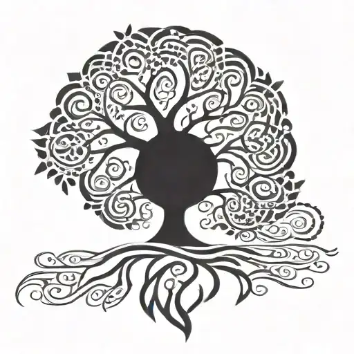 solid black tree with pictish patterns tattoo design idea