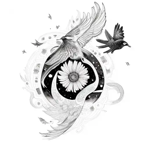 sleeve with camera, bellis flower, cosmos flower, birds, stars, woodlous, Phoenix  tattoo design idea